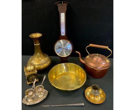 A copper kettle;  a brass Art Nouveau vase;  a brass match striker;  a silver hafted button hook;  barometer etc 