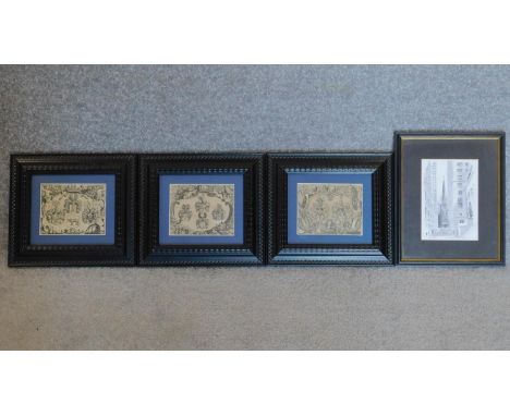 A set of three framed and glazed prints and a signed lithograph of Wall street. 28x23cm 