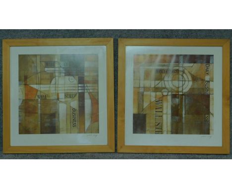 A pair of framed and glazed prints, cubist style Wall Street Journal. 65.5x63.5cm 