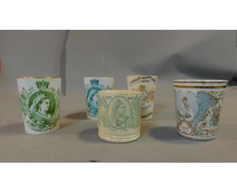 A set of five commemorative cups for Queen Victoria, one enamel and four ceramic, including cups commemorating her diamond ju