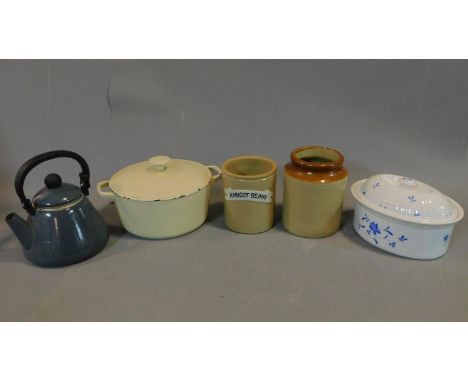 A le Creuset stove kettle, (wear to enamel on base) a cast iron enamelled lidded pot, a blue and white Royal Worcester tureen