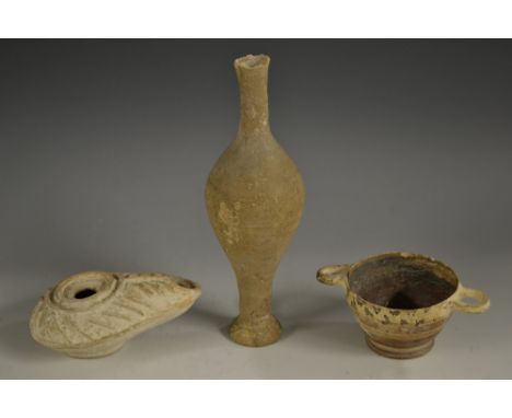 Antiquities - a small Cypriot pottery skyphos cup, the exterior painted with hoirzontal bands, twin loop handles, circular fo