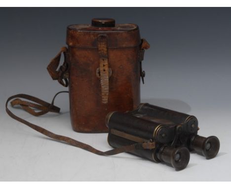 A pair of early 20th century patent field glasses, by Ross, London, the leather case with compass cover, stamped No. 3, 15cm 