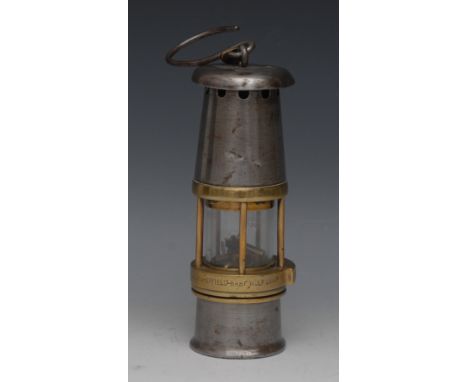 Mining - a brass and steel miner's lamp, the Baby Wolf, by William Maurice Ltd., Sheffield, brass tag stamped 7, 19.5cm high 