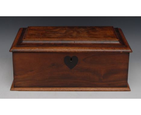 A George III provincial mahogany table box, possibly Welsh, hinged shallow sarcophagus cover enclosing a shelf and small draw