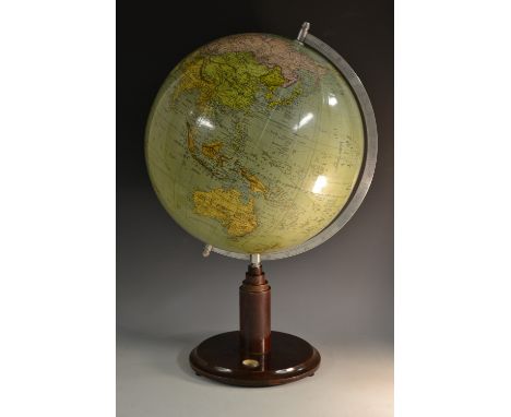 An Art Deco 12" terrestrial desk globe, aluminium horizon band, stepped geometric pillar, the base inset with compass, 54cm h