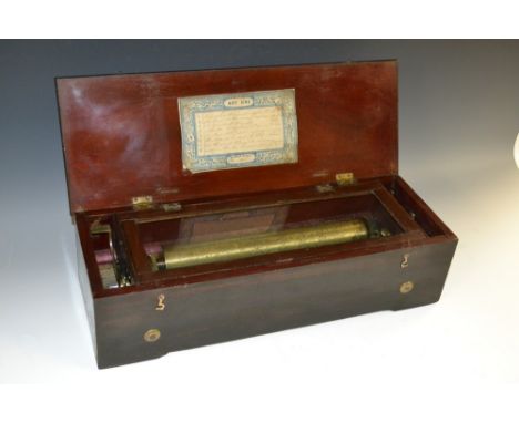 A 19th century Swiss faux rosewood musical box, 27.5cm cylinder playing eight airs on a one-piece comb, stamp no. 12963, pape