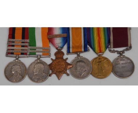 Medals, a group of six, Boer War pair, four battle bars/1914 Star-clasp Trio/LSGC - 1st Battalion Leicester Regiment, Queen's