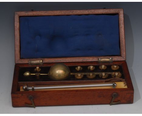 An Edwardian Sikes hydrometer, by Loftus, London, hinged cover outlined with barberpole stringing, enclosing brass bob and we