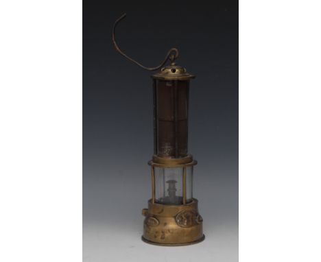 Mining - a 19th century brass and iron Davy-type miner's lamp, the Patent Protector Colliery Lamp, by W.E. Teale & Co, Manche