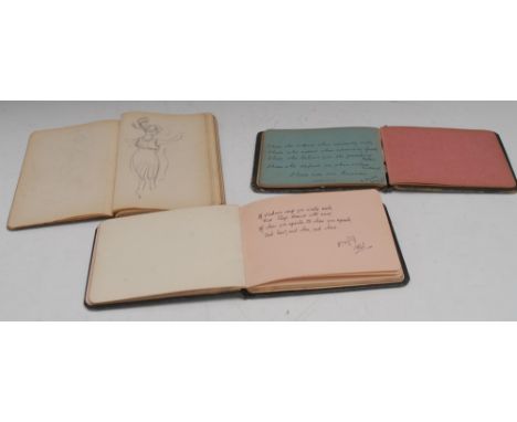 Three early 20th century sketch and autograph books, containing pen and ink, watercolour and further drawings of lady's fashi