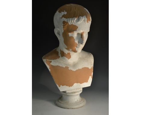 A 19th century terracotta portrait bust, of Augustus, waisted socle, 52cm high, c.1850