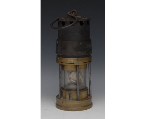 Mining - an early 20th century brass and steel miner's Bullseye lamp, domed canopy, 28cm high, c.1930 