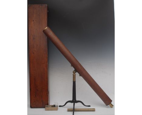 A late 19th century brass mounted mahogany astronomical telescope, folding tripod stand, 111cm long, cased 