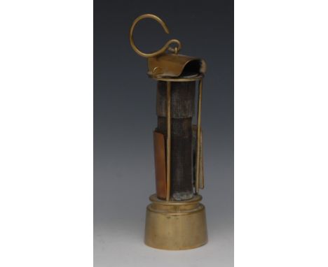 Mining - an early 19th century brass Davy-type miner's lamp, arched canopy, copper shield, 19.5cm high 