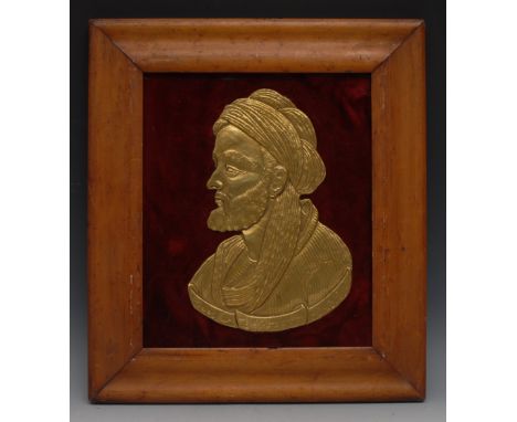 A 19th century gilt metal portrait  plaque, of a Middle Eastern Muslim leader, inscribed in Arabic, 27cm X 19cm, maple frame 