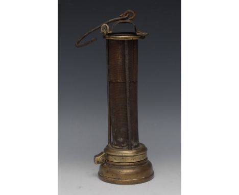 Mining - an early 19th century brass and iron Davy-type miner's lamp, by J. Mills & Sons Ltd, Newcastle, arched canopy above 