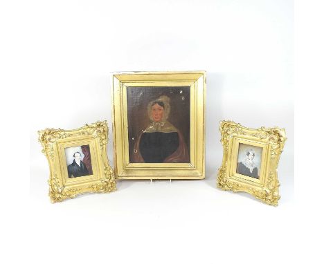 English school, 19th century, a half-length portrait of Joyce Scott, oil on canvas, 28 x 22cm, together with a pair of miniat