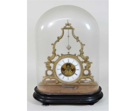 A 19th century French gilt metal skeleton clock, having a white enamel dial, with Roman hours, within a scrolled surround, th