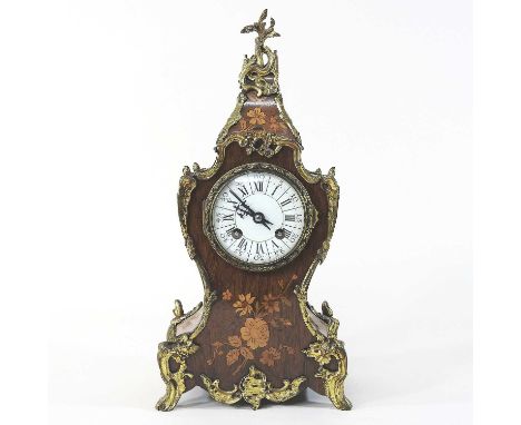 An early 20th century French rosewood and marquetry cased mantel clock, with scrolled brass mounts, having a white enamel dia