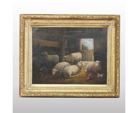 English school, 19th century, stable with sheep and chickens, oil on canvas41 x 52cmCondition report: Has been cleaned and re