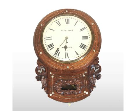 A 19th century rosewood cased drop dial wall clock, the case with mother of pearl inlaid and carved decoration, the twelve in