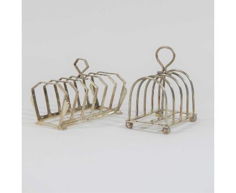 An Art Deco silver toast rack, of angular shape with seven divisions, Birmingham 1950, 92g, together with another smaller, 88