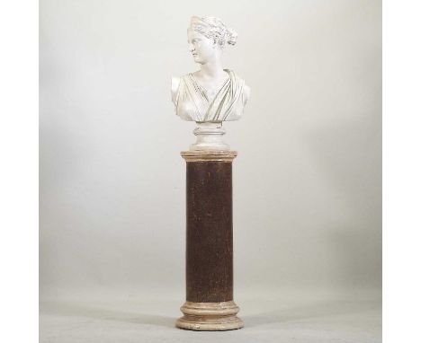 A life size composition portrait bust of Diana, after the antique, on a simulated marble column base173cm high overall