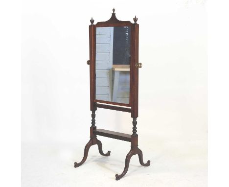 A 19th century mahogany cheval mirror, having an adjustable rectangular plate, surmounted by finials, on a splayed base60 x 1