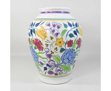 A 1950's Poole pottery vase, painted with coloured flowers and foliage by Nellie Blackmore, printed and painted marks to base