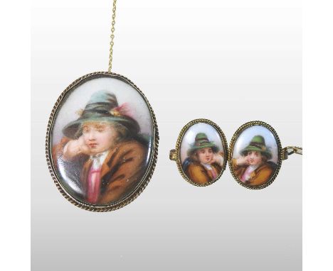 An early 20th century Bavarian porcelain brooch, painted with a portrait and set in a gilt mount, 45 x 35mm, together with a 