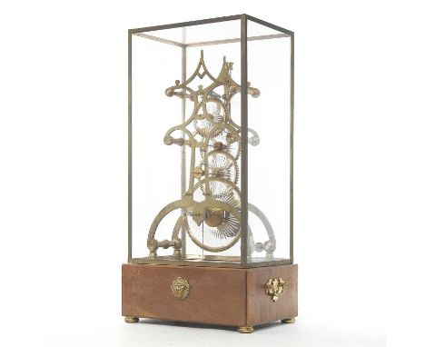 A hand made brass skeleton clock movement, 20th century, in a glazed case, on a wooden base61h x 28w cmCondition report: Made