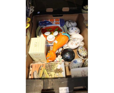 A box containing&nbsp; selection of good quality ceramic wares to include Wedgwood, a Caithness paper weight and an orange ce