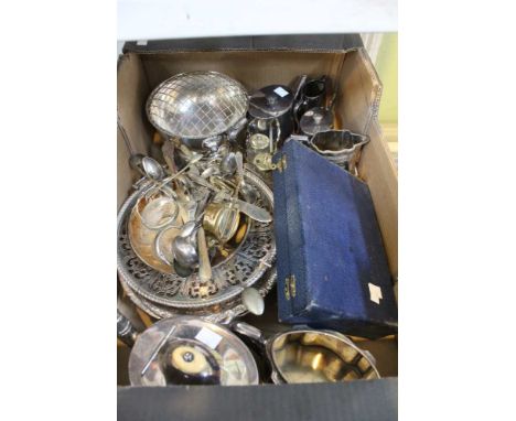 A box containing a good selection of silver plated items, tea set, flat ware etc
