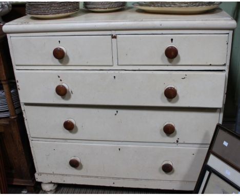 A cream painted pine chest of drawers, two short over three long Carcase has been sawn to get up cottage stairs. Chips to pai