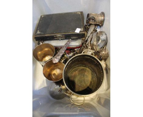 Flask, mugs, cutlery, many silver marks