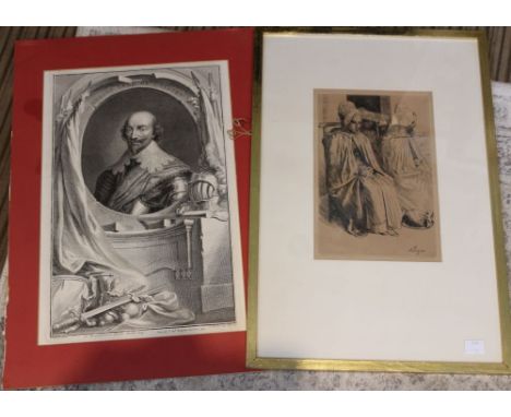 After Alphonse Legros, "Peasant women, France", etching, 23cm x 15cm, framed and glazed, together with an unframed engraving 