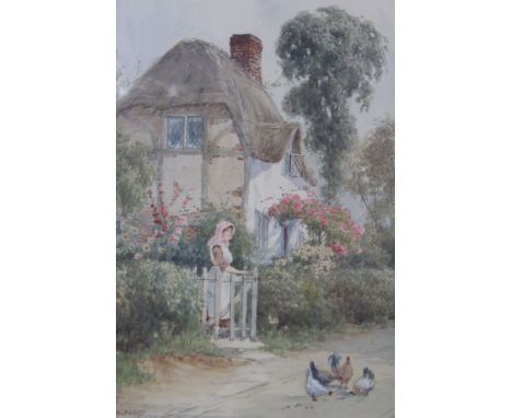 H Walford, "Rural idyll..before the storm" Summer thatch cottage, a figure at the garden gate, chickens in the lane, watercol