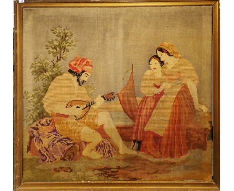 A large 19th Century woollen tapestry of two women admiring a lute player, frame size 149 x 133cm.