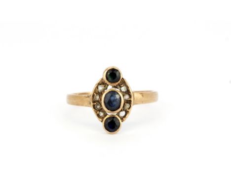A Victorian rose metal (tested minimum 9ct gold) ring set wit three sapphires and rose cut diamonds, (P.5).