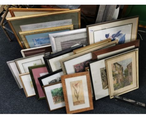 A large group of mixed watercolours and prints, largest 57 x 64cm.