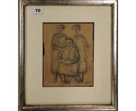 A framed signed pencil sketch of three ladies with indistinct signature, 32cm x 36cm.