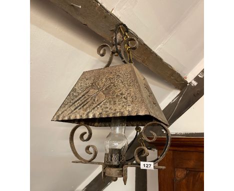 A 1920's wrought iron oil lamp style light fitting, H. 50cm.