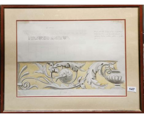 A framed archetectural pencil and watercolour drawing by J. O. Poole as a design for an important warehouse, frame size 65 x 
