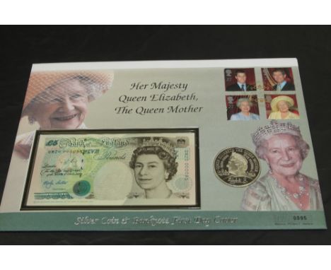 GB, 2000 QUEEN MUM's 100th, £5 SILVER COIN &amp; BANKNOTE FIRST DAY COVER   Fine Westminster first day cover to commemorate t