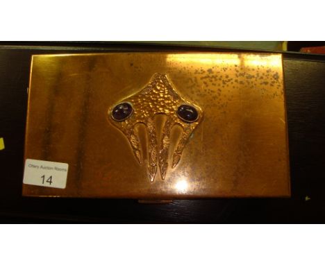 Copper Arts & Crafts box with inset Ruskin style cabouchon amethyst stones