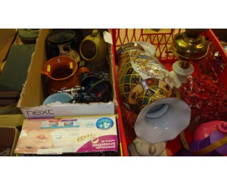 4 x boxes of china glass and oddments including ship in bottle, paraffin lamp etc.