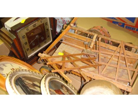 Oak cased mantle clock, cart ornament & odd pictures, Indian brass bowls etc.