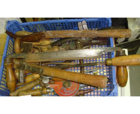 Box of assorted wood working tools including spokeshaves, chisels etc.