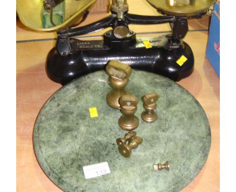 Brass kitchen scales & weights, salter scales and marble cheese board & 2 x kettle stands